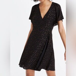 Madewell Faux Wrap Black and Metallic Bronze dots Mini Dress Size 4 (0242)